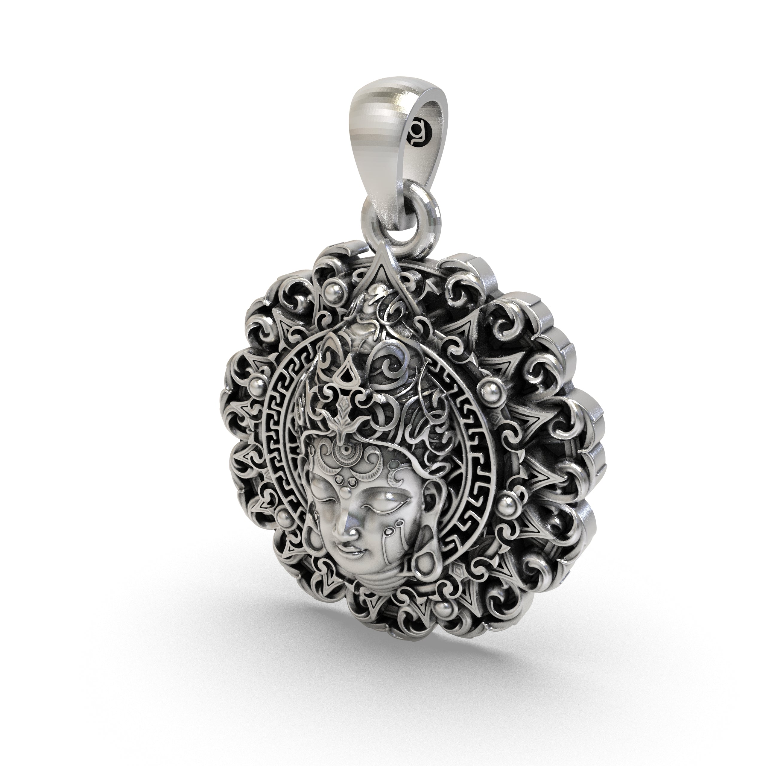 Handmade 925 sterling silver Buddha face pendant shown with a chain to illustrate its size as a piece of Zen jewelry.