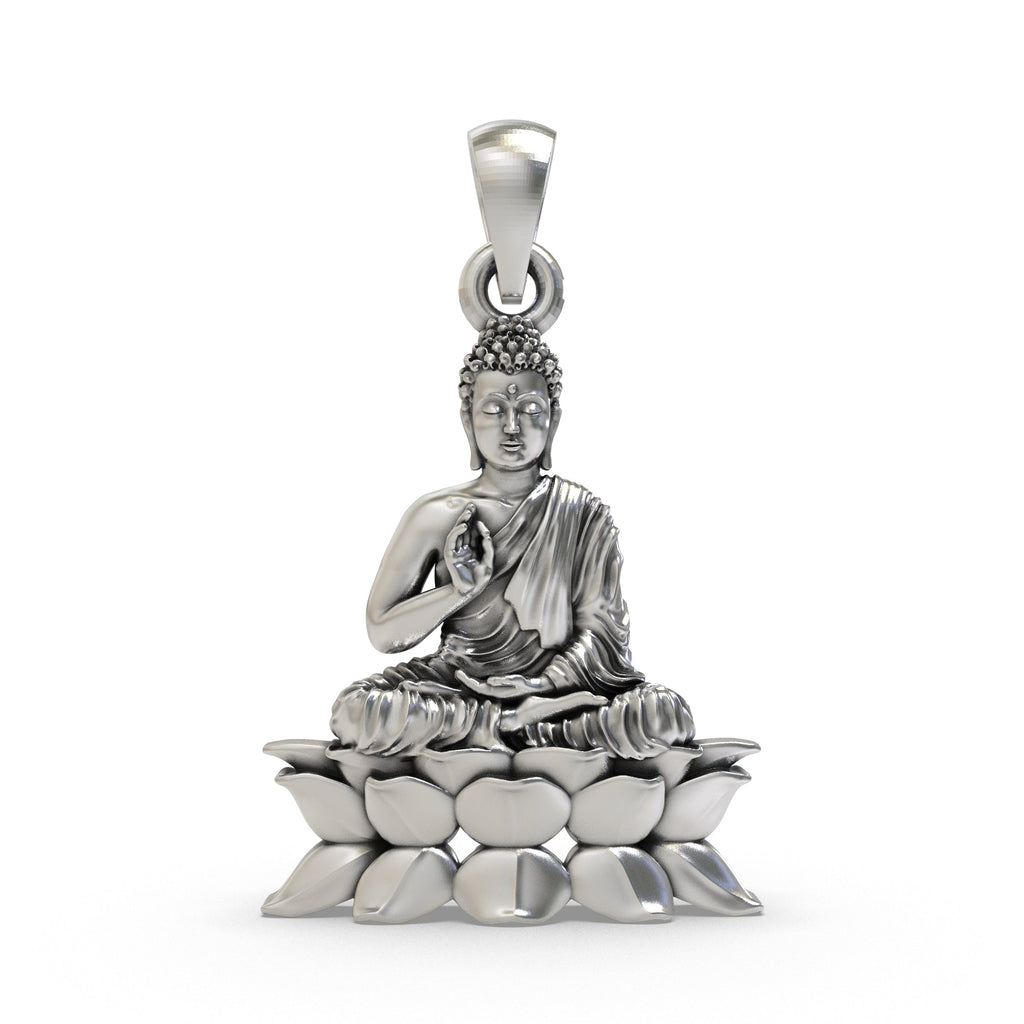 Front view of the handcrafted 925 Silver Buddha on Lotus Pendant showcasing its detailed oxidized finish.