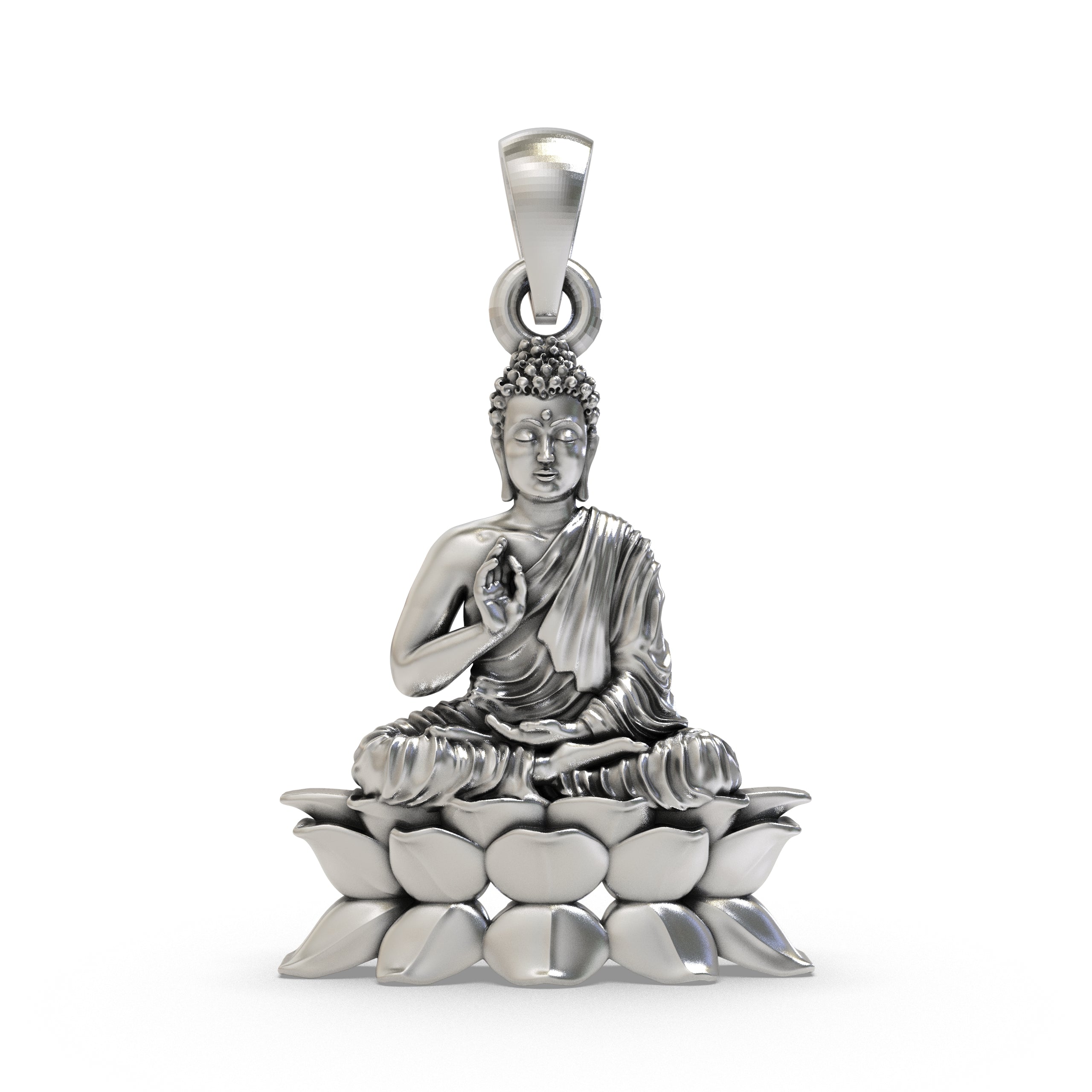 Front view of the handcrafted 925 Silver Buddha on Lotus Pendant showcasing its detailed oxidized finish.