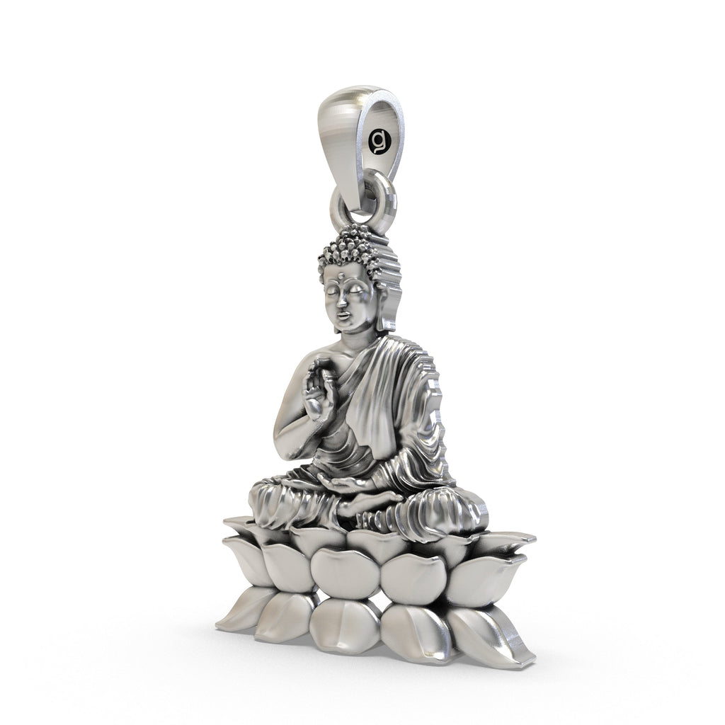 Angled profile of the sterling silver Buddha on Lotus spiritual pendant, highlighting its intricate design.
