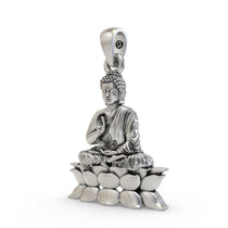 Angled profile of the sterling silver Buddha on Lotus spiritual pendant, highlighting its intricate design.