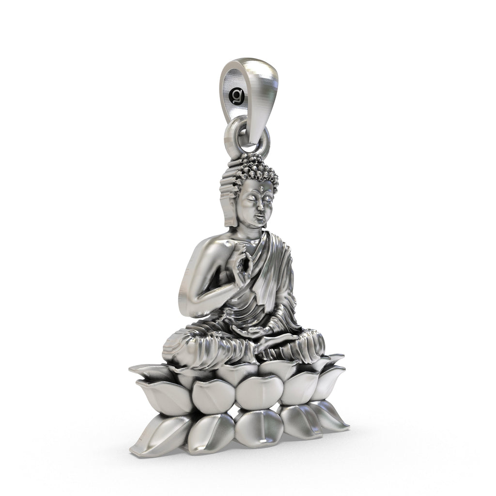 Close-up detail of the meditating Buddha figure on a lotus flower in this 925 silver zen charm necklace.
