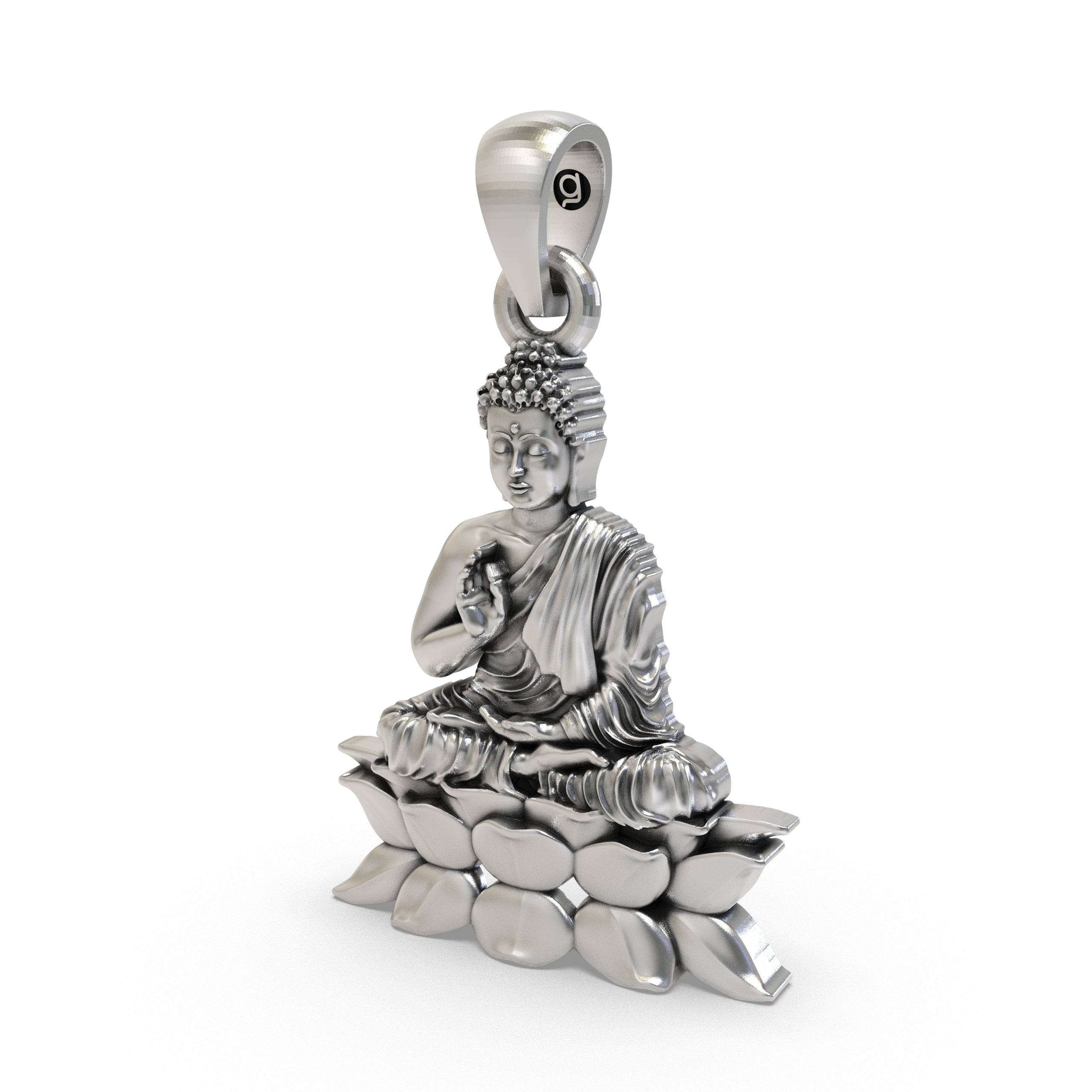 The 925 Silver Buddha on Lotus pendant revealing its hollow back design for lightweight, comfortable daily wear.