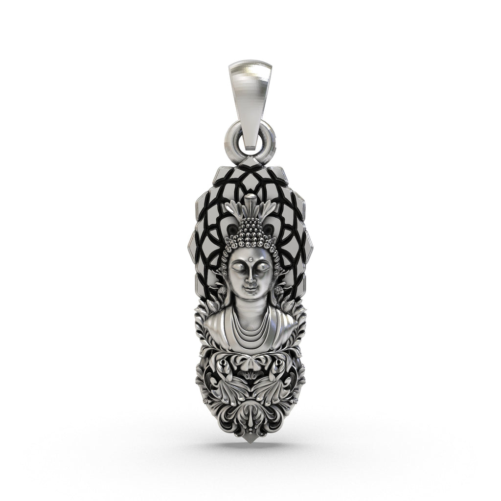 Front view of a serene 925 Silver Buddha Pendant with an oxidized finish, showcasing its detailed craftsmanship.