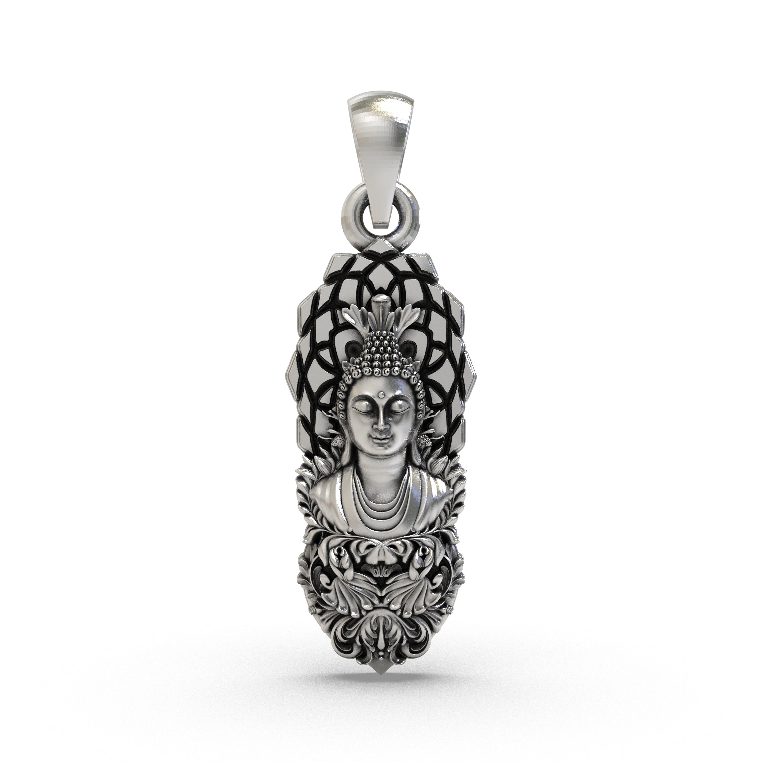 Front view of a serene 925 Silver Buddha Pendant with an oxidized finish, showcasing its detailed craftsmanship.