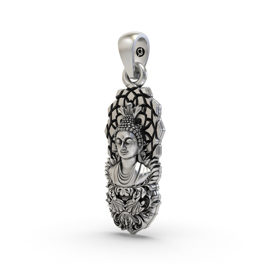 A detailed close-up of the handcrafted 925 Silver Buddha Pendant, highlighting the peaceful facial expression.