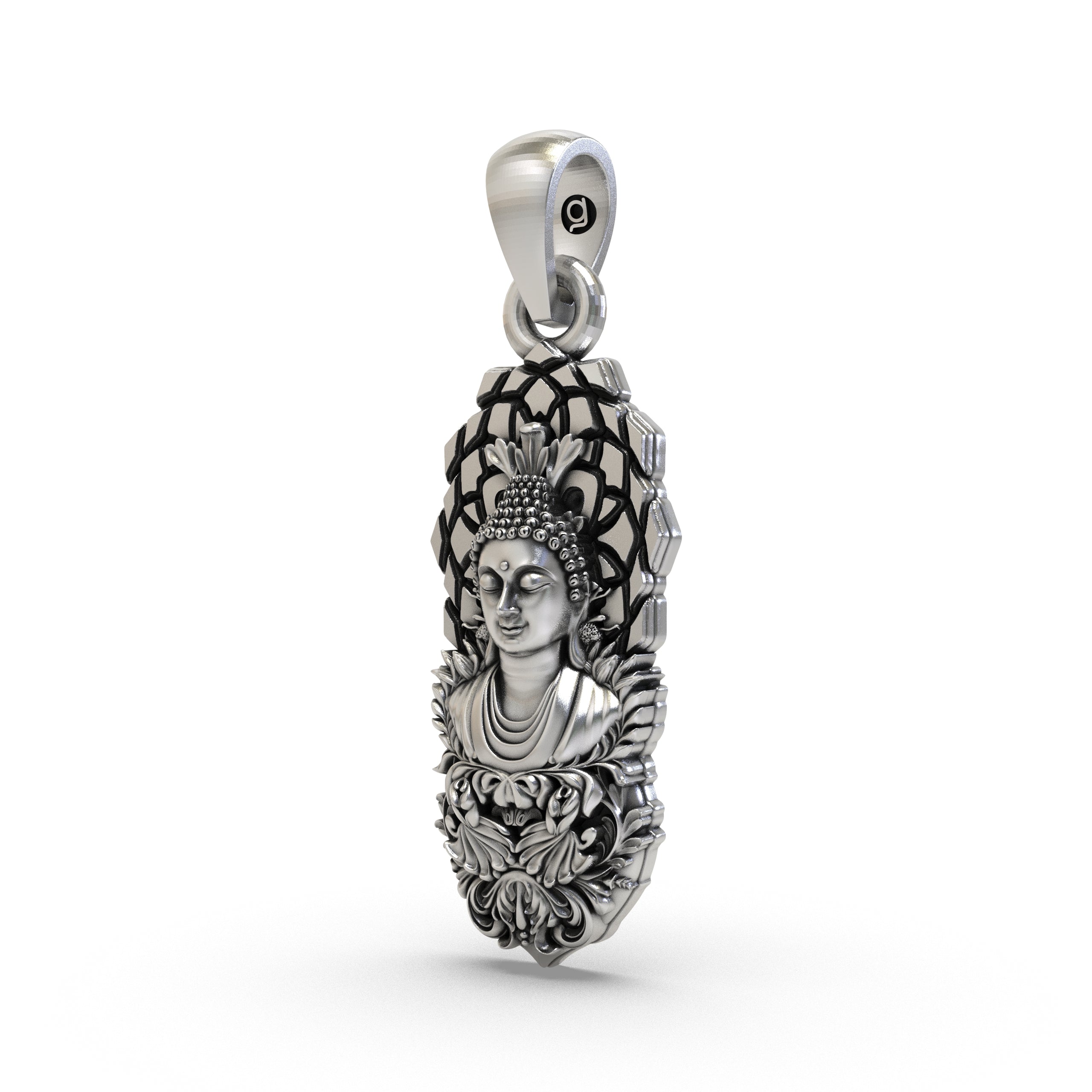 A detailed close-up of the handcrafted 925 Silver Buddha Pendant, highlighting the peaceful facial expression.