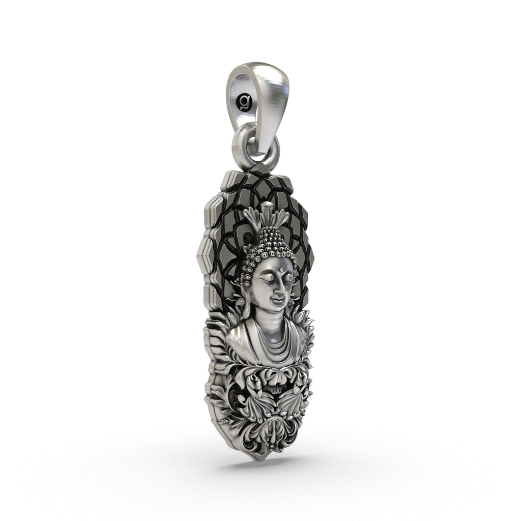 Side profile of the lightweight, hollow-back 925 Silver Buddha Pendant, showing its elegant and sleek design.