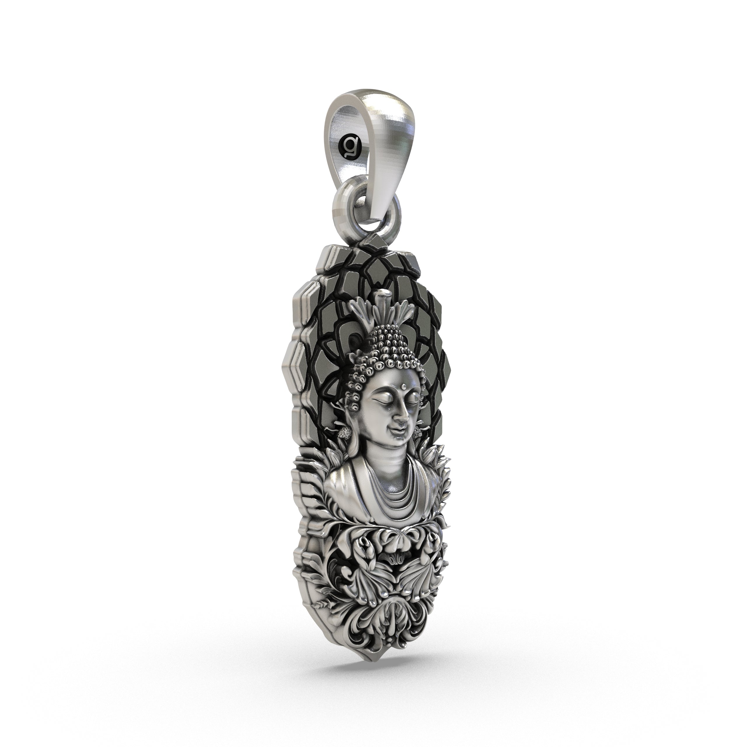 Side profile of the lightweight, hollow-back 925 Silver Buddha Pendant, showing its elegant and sleek design.