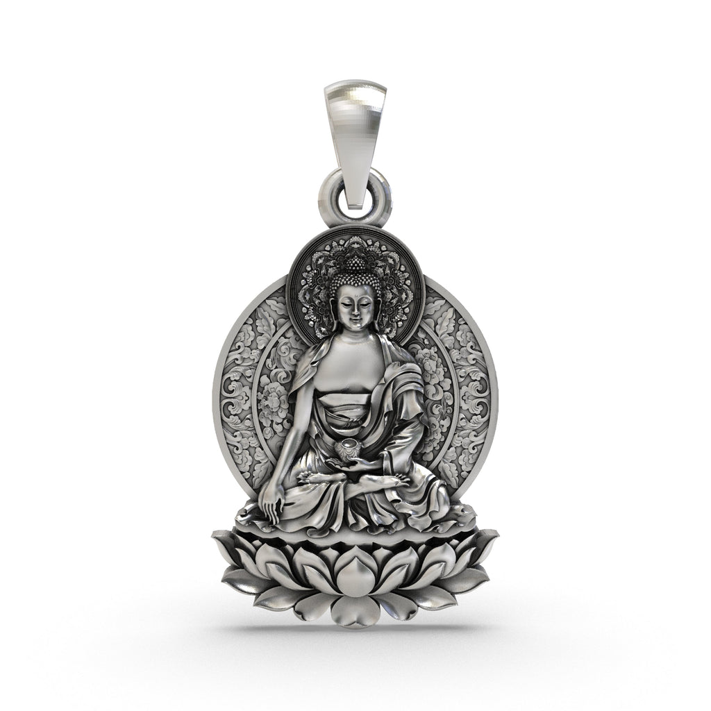 Front view of the 925 silver Buddha on Lotus pendant, showing the detailed oxidized finish and serene expression.