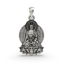 Front view of the 925 silver Buddha on Lotus pendant, showing the detailed oxidized finish and serene expression.