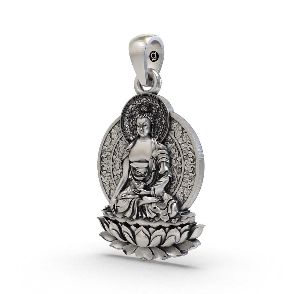 A detailed close-up of the handcrafted 925 sterling silver Buddha on Lotus pendant, highlighting the intricate petals.