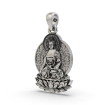 A detailed close-up of the handcrafted 925 sterling silver Buddha on Lotus pendant, highlighting the intricate petals.