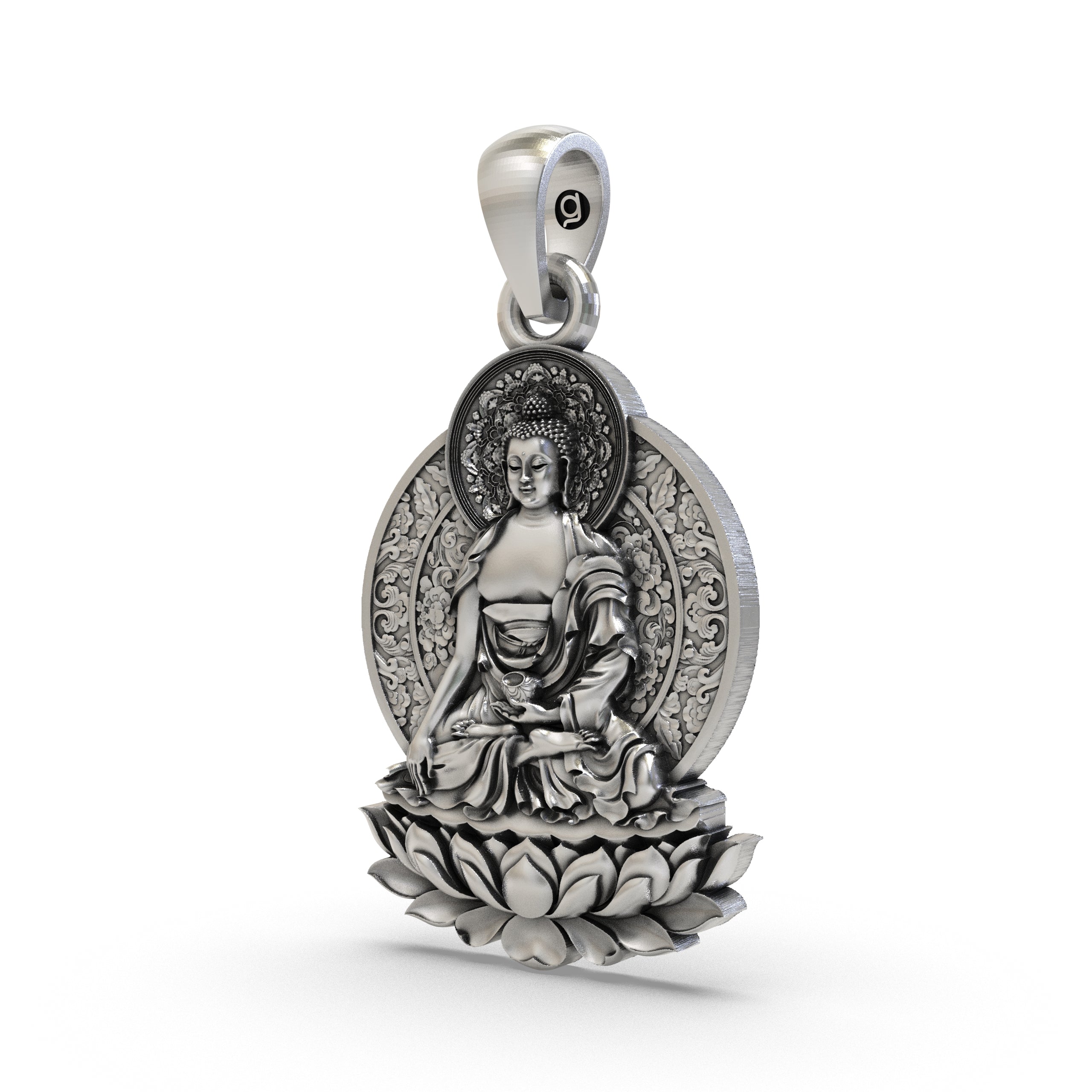 A detailed close-up of the handcrafted 925 sterling silver Buddha on Lotus pendant, highlighting the intricate petals.