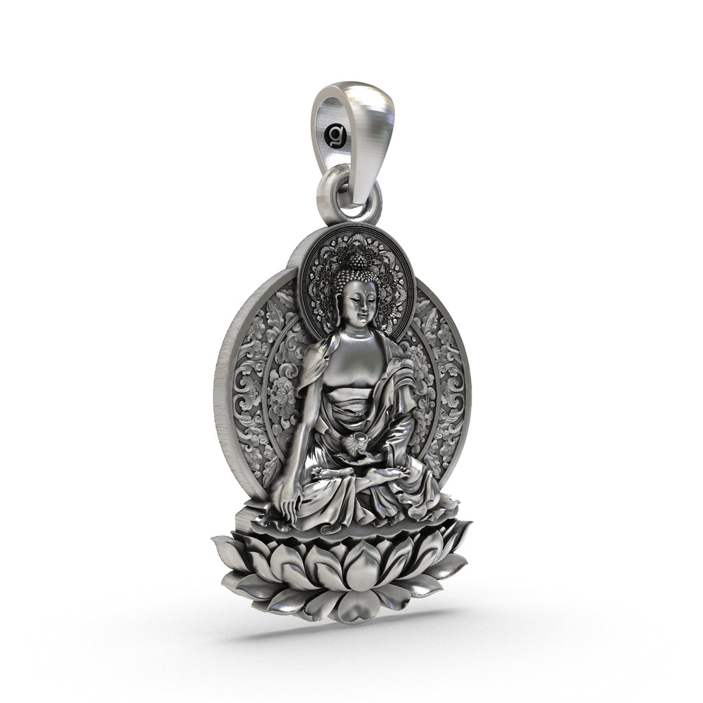 Side angle of the spiritual Buddha on Lotus pendant, crafted from 925 silver with a lightweight hollow back design.