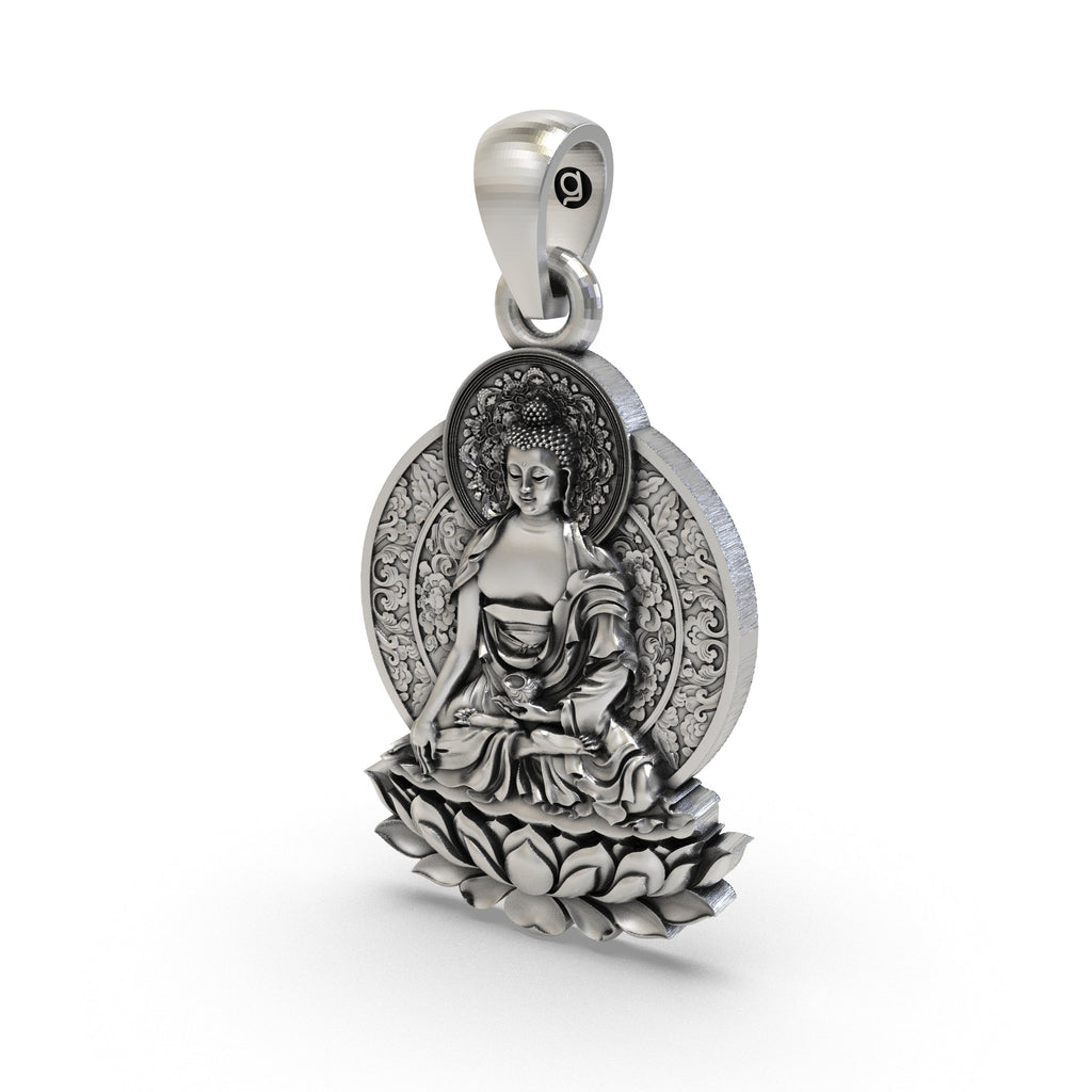 The 925 silver Buddha on Lotus pendant shown for scale, showcasing its beautiful antique oxidized finish and design.