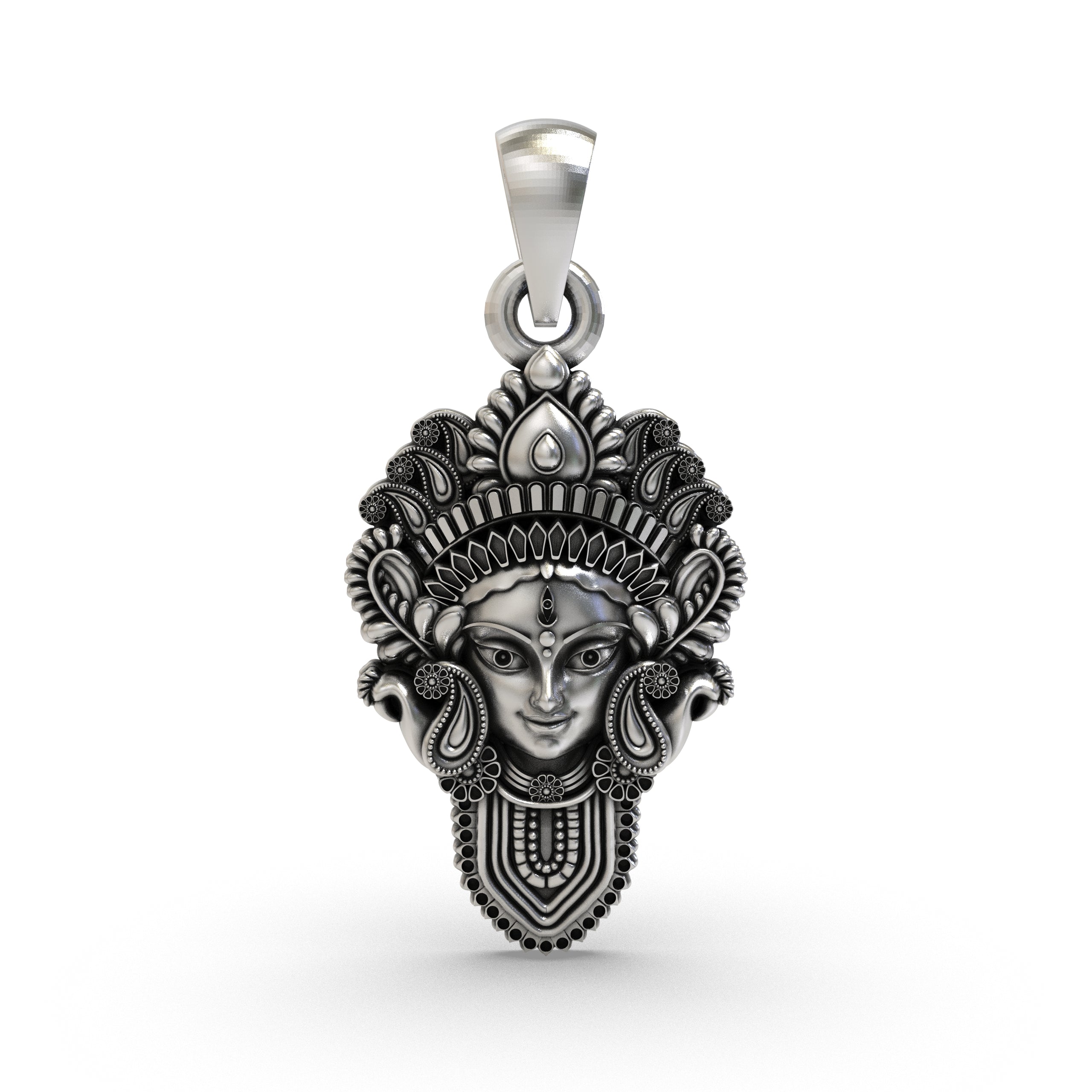 Front view of the intricate 925 silver Durga Maa face pendant, showcasing the detailed craftsmanship of the goddess's Main image