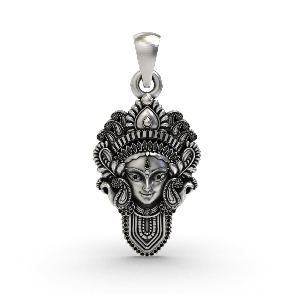 Front view of the intricate 925 silver Durga Maa face pendant, showcasing the detailed craftsmanship of the goddess's