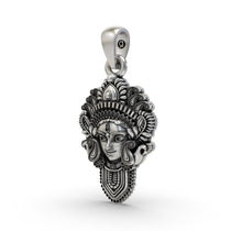 An angled profile of the oxidized 925 silver Durga Maa face pendant, highlighting its divine and powerful design for