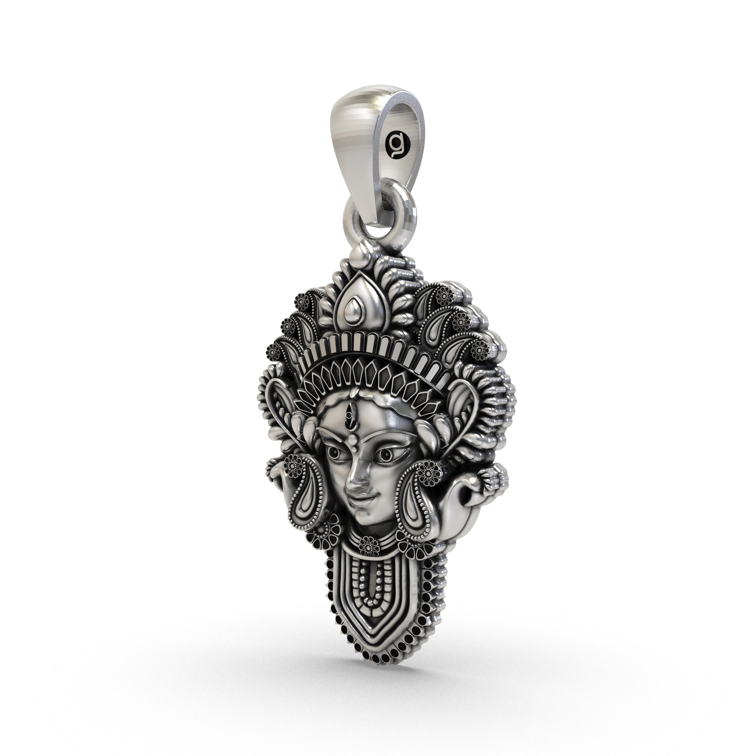 An angled profile of the oxidized 925 silver Durga Maa face pendant, highlighting its divine and powerful design for
