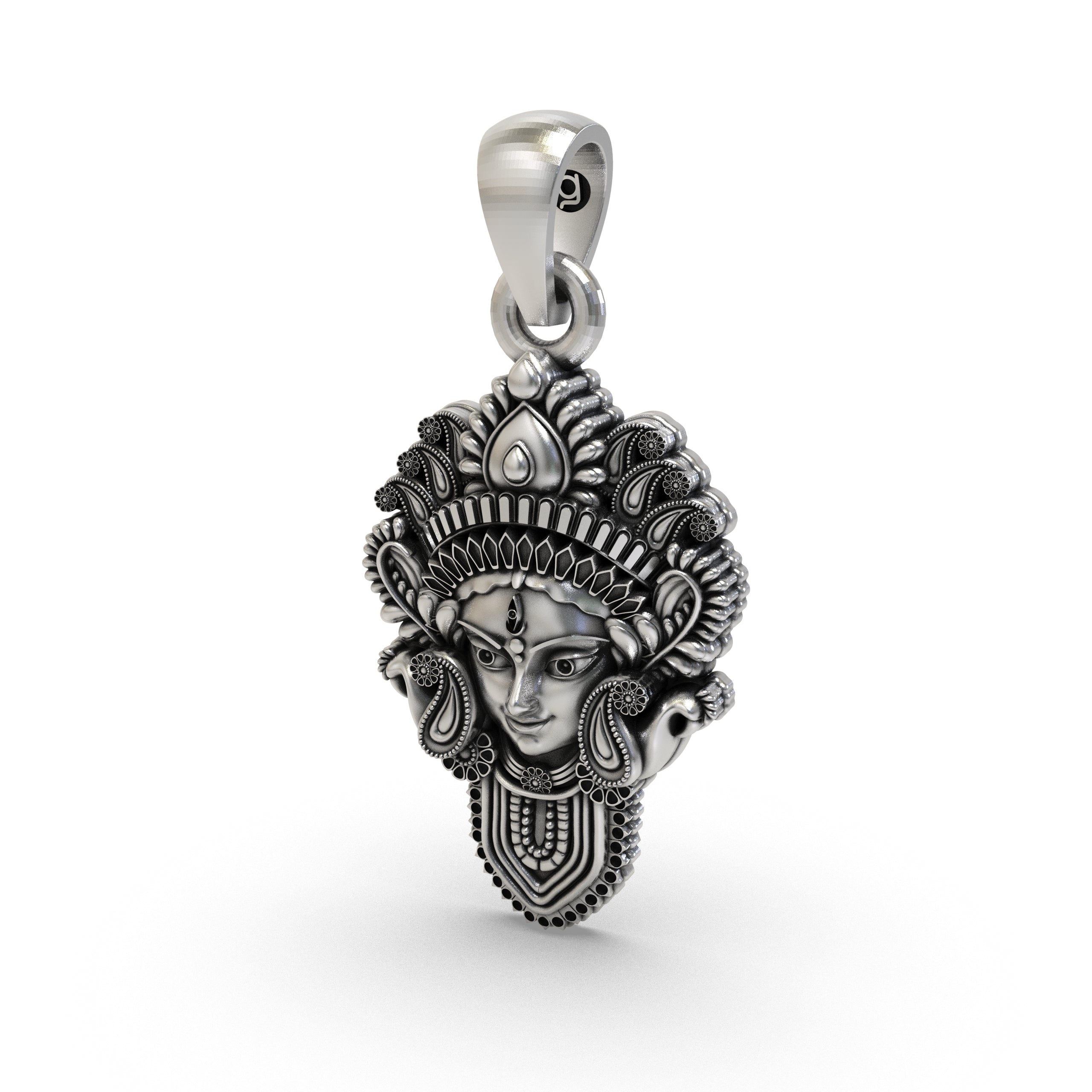 Backside view of the lightweight Durga Maa face pendant, showing the hollow design crafted from 925 sterling silver for