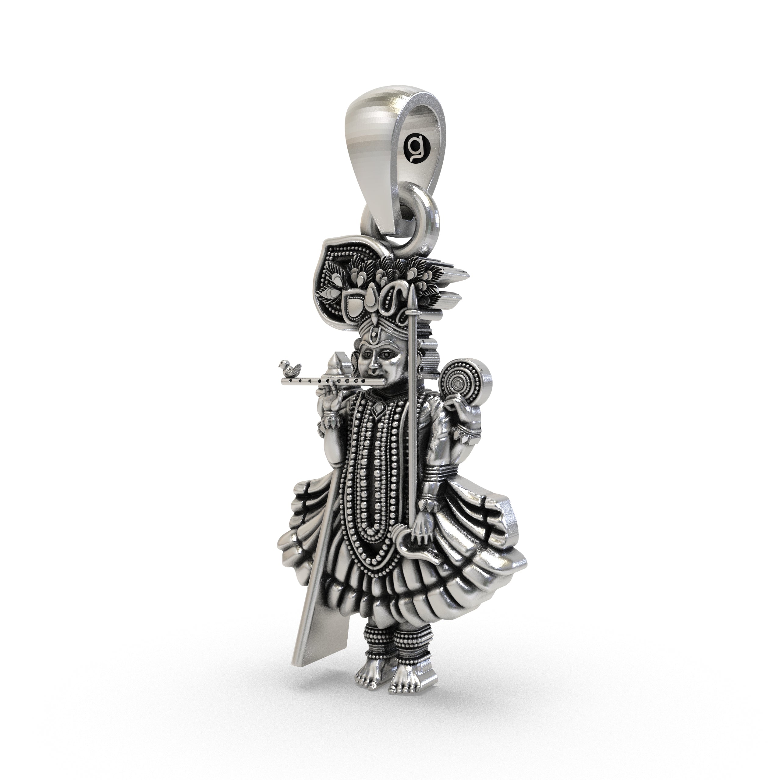 A detailed close-up of the handmade Ranchhodraiji pendant in oxidized sterling silver, highlighting the intricate craft.