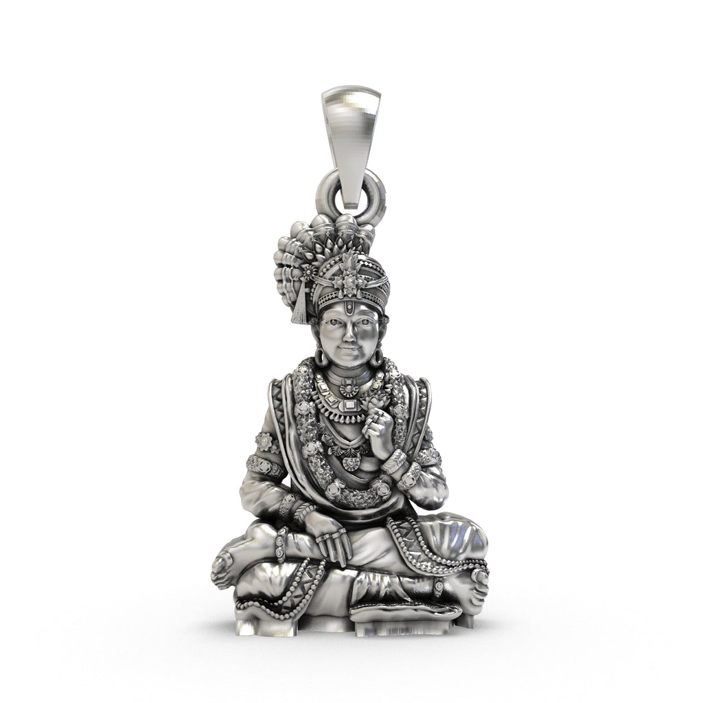 Front view of the 925 silver Swaminarayan pendant featuring the Akshar Purushottam murti with an oxidized finish.