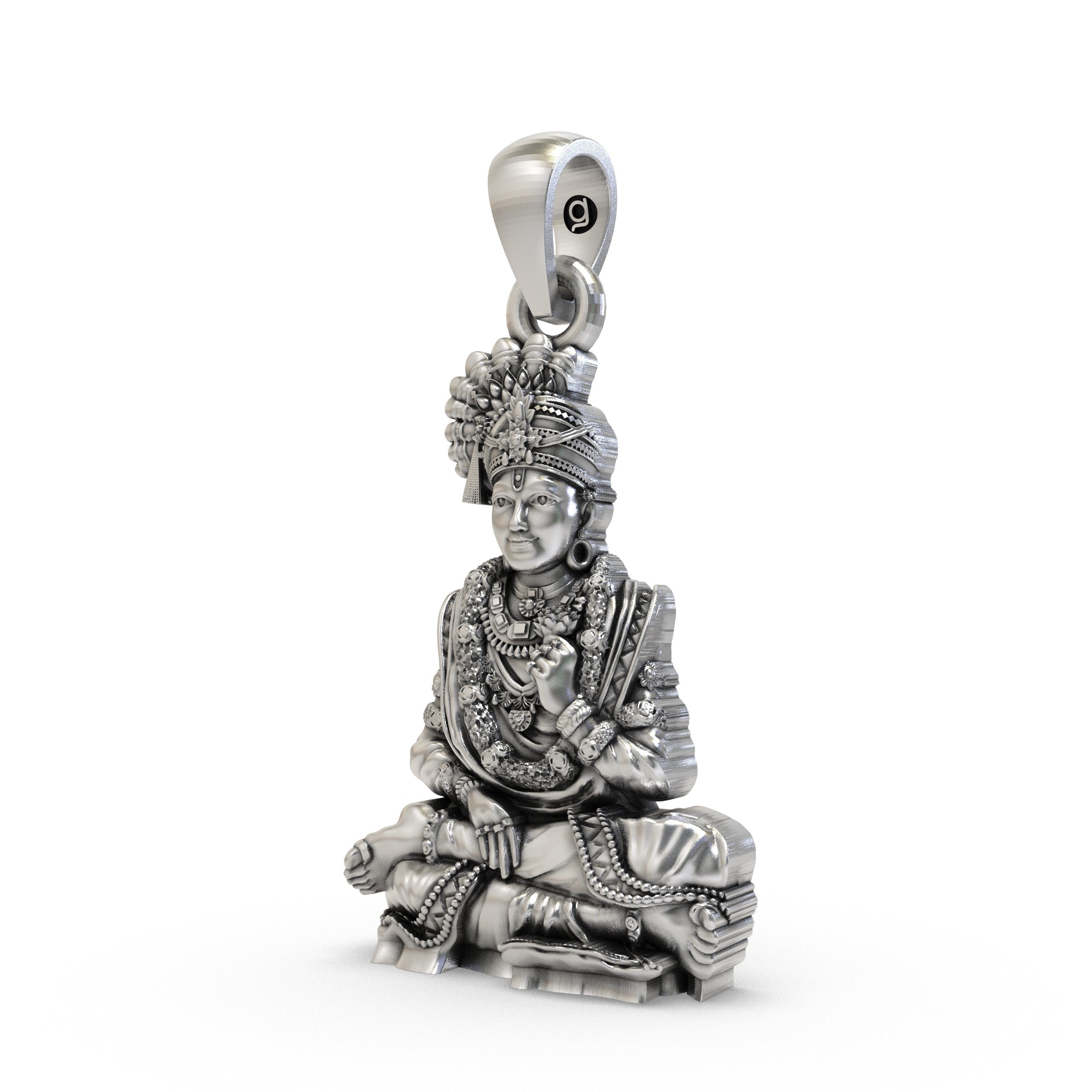 Angled view of the spiritual 925 silver Swaminarayan locket showing its divine details for men and women.