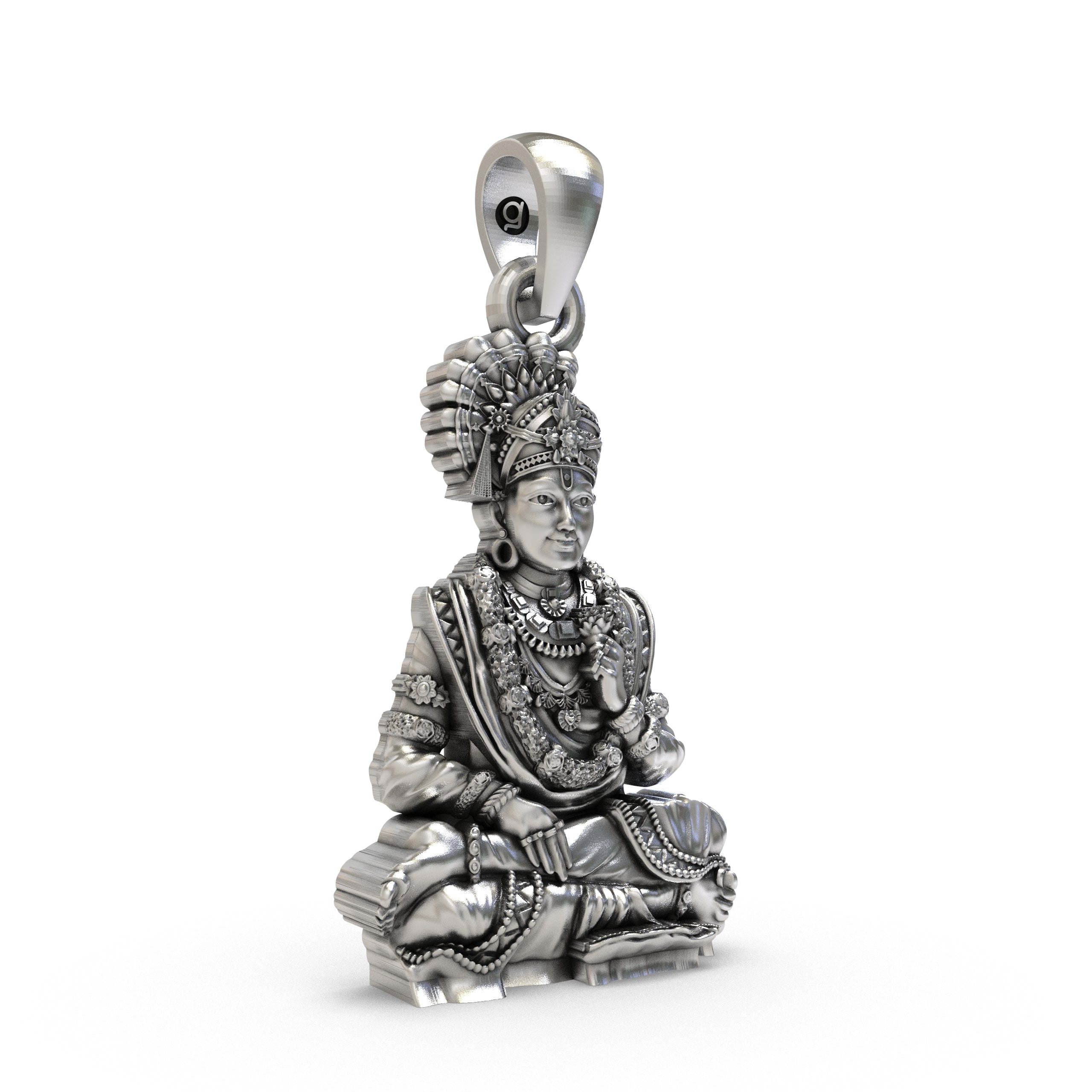 Close-up of the Akshar Purushottam form on the handcrafted 925 sterling silver Swaminarayan pendant.