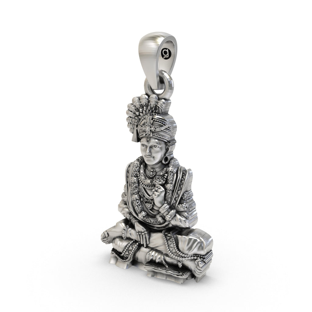 Side profile of the lightweight 925 silver Swaminarayan Hindu god pendant highlighting its hollow back design.