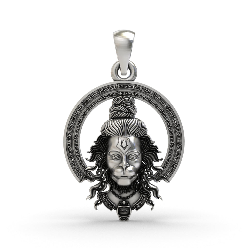 Front view of a detailed 925 silver Hanumanji face pendant with a classic oxidized finish for a bold, spiritual look.