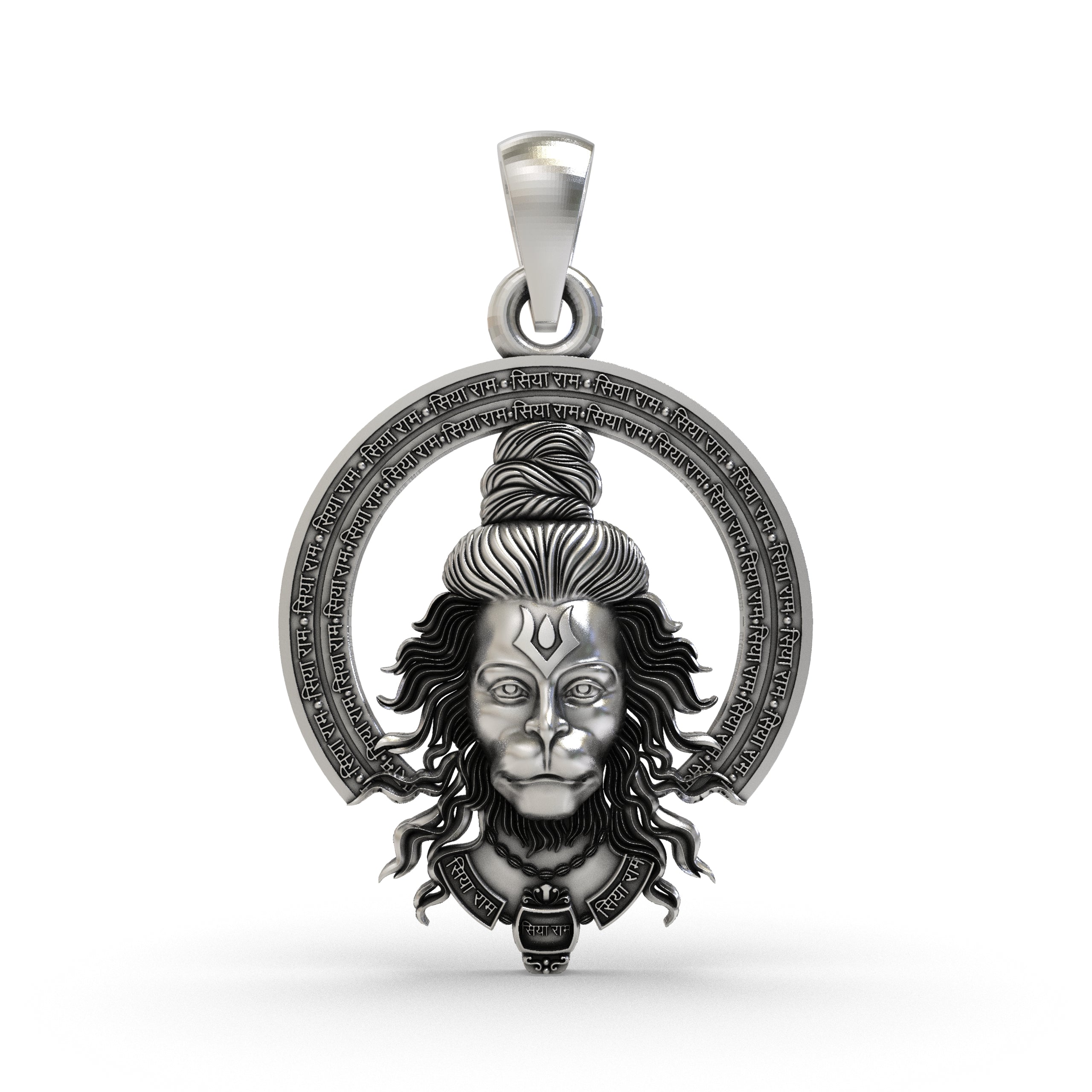 Front view of a detailed 925 silver Hanumanji face pendant with a classic oxidized finish for a bold, spiritual look.