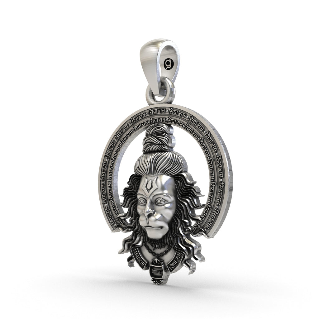Angled view of the sterling silver Bajrangbali locket, highlighting its dimensional design and intricate craftsmanship.