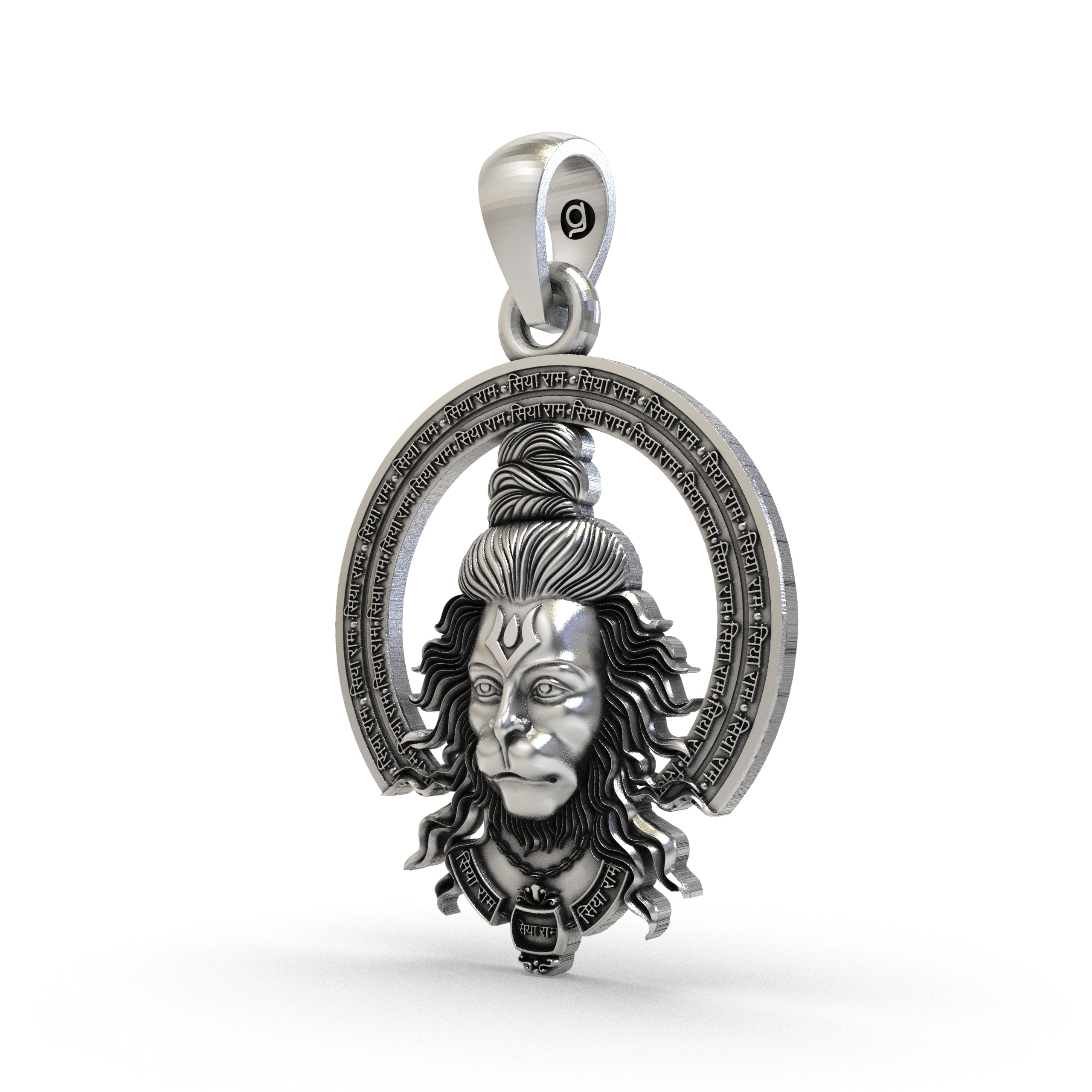 Angled view of the sterling silver Bajrangbali locket, highlighting its dimensional design and intricate craftsmanship.