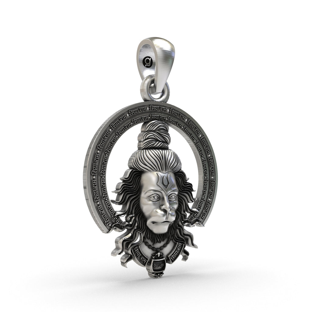 Close-up of the Hanumanji pendant in 925 silver, detailing the fierce expression and antique oxidized finish.