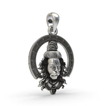 Close-up of the Hanumanji pendant in 925 silver, detailing the fierce expression and antique oxidized finish.