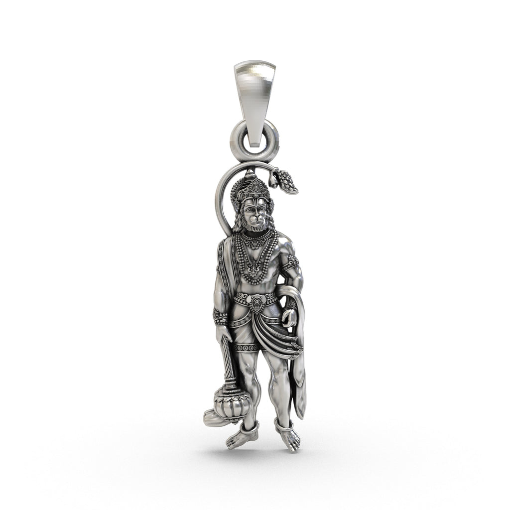 Front view of a 925 sterling silver Hanumanji pendant, showcasing the detailed carving of Lord Bajrangbali.