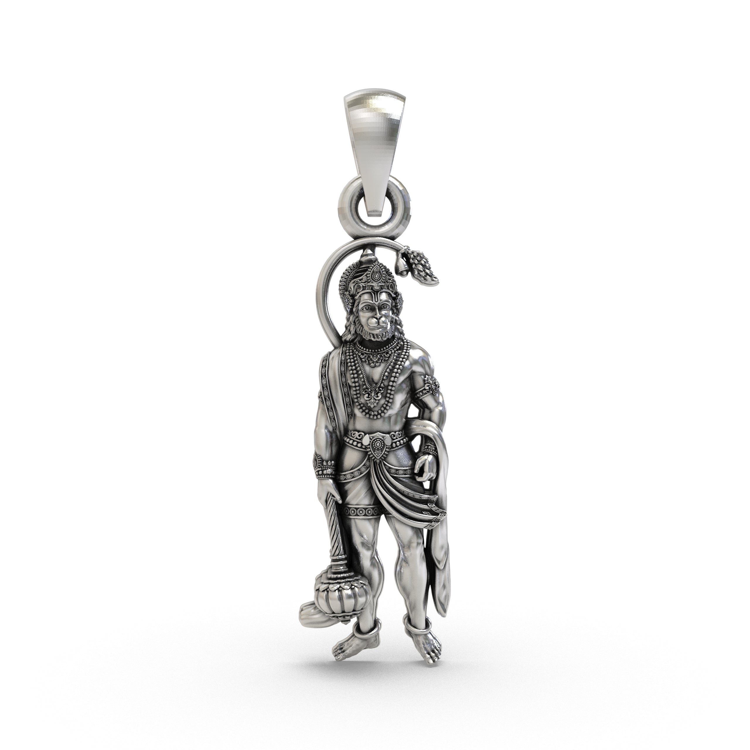 Front view of a 925 sterling silver Hanumanji pendant, showcasing the detailed carving of Lord Bajrangbali.