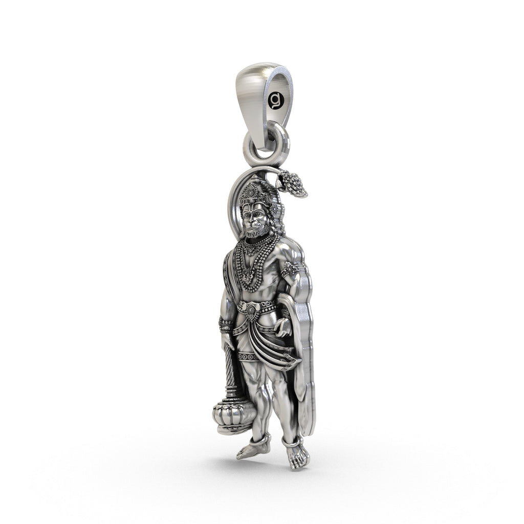 Angled profile of the oxidized 925 silver Hanumanji pendant, highlighting its sleek design for daily wear.