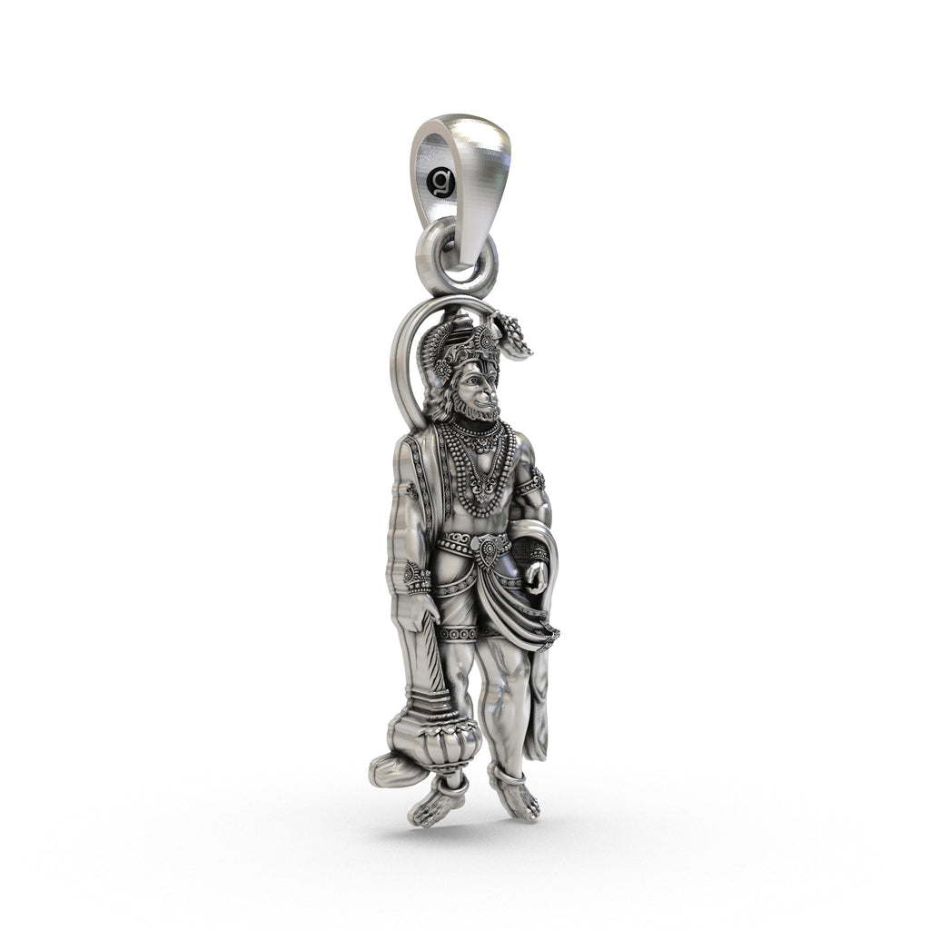 Close-up detail of the Bajrangbali locket, showing the intricate craftsmanship and antique oxidized finish.