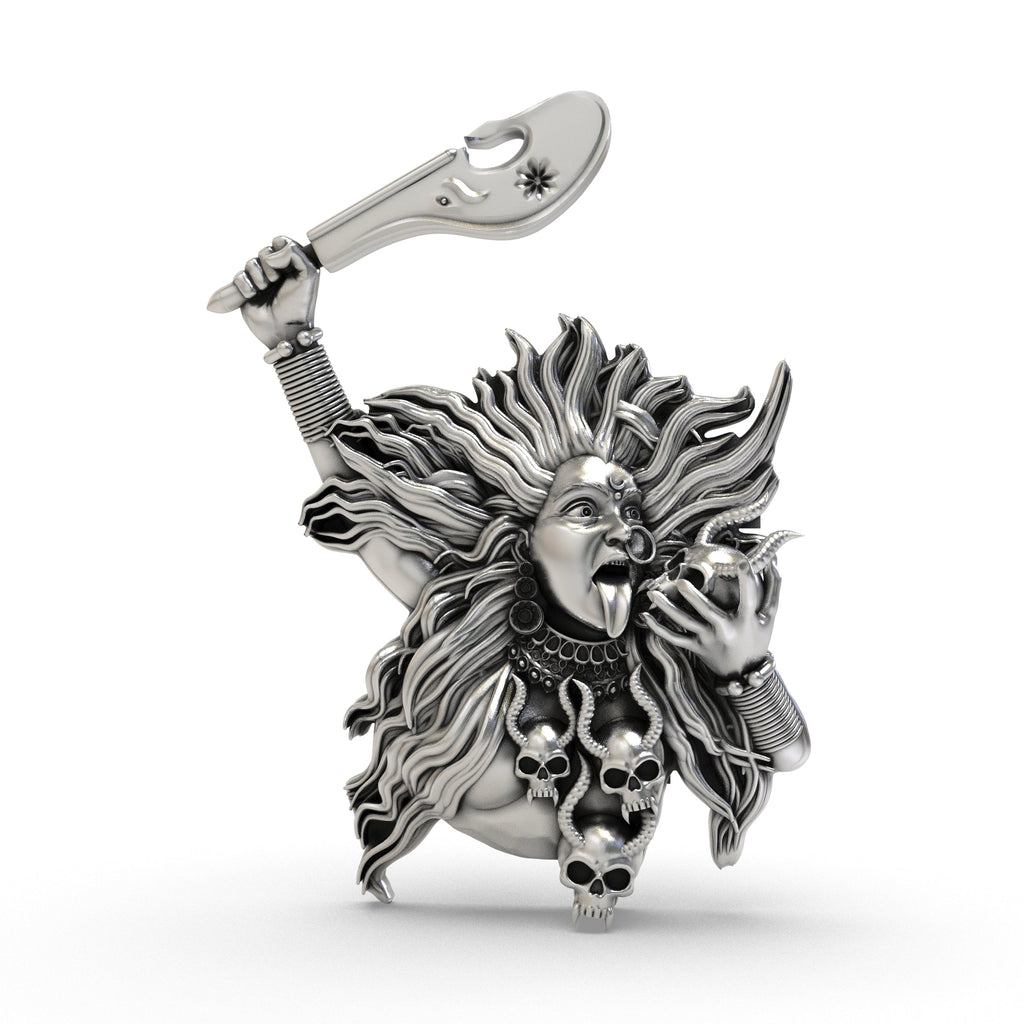 Front view of the fierce Kalimaa face pendant in 925 oxidized silver, showcasing intricate divine details.