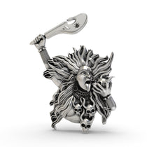 Front view of the fierce Kalimaa face pendant in 925 oxidized silver, showcasing intricate divine details.