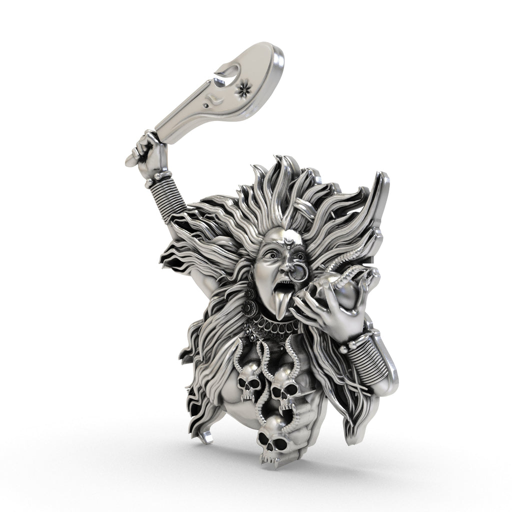 An angled perspective of the Goddess Kali Ma 925 silver locket, highlighting its powerful expression.