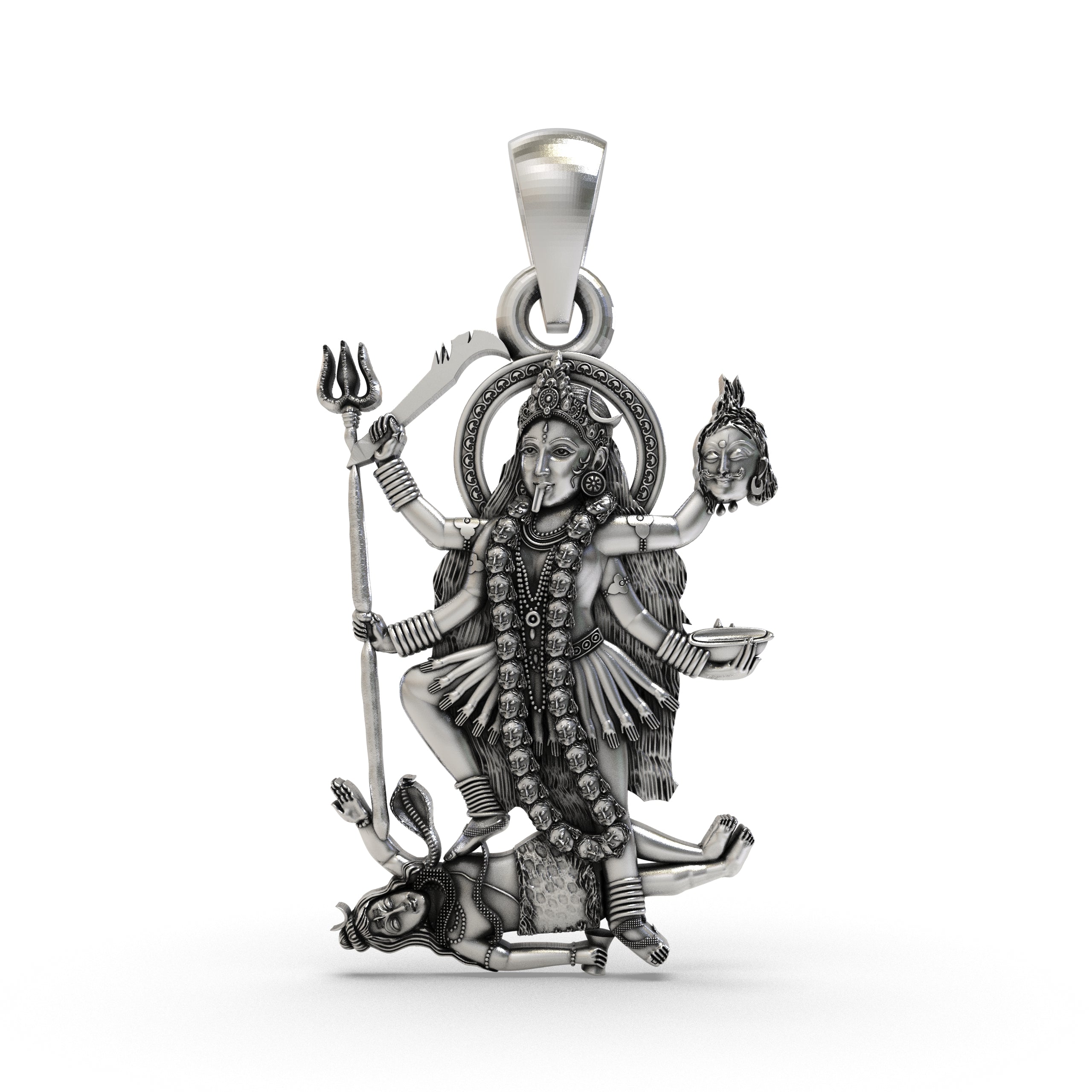 Front view of the oxidized 925 silver Kali Ma pendant showing her fierce expression and intricate details. Main image