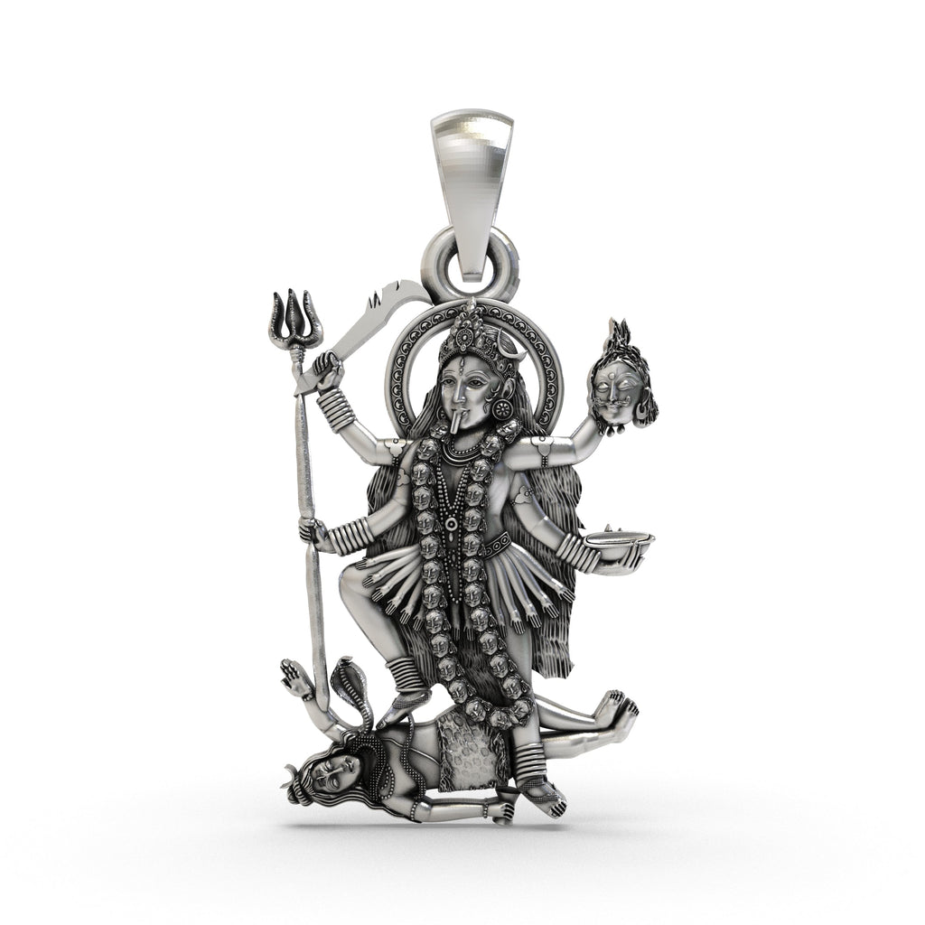 Front view of the oxidized 925 silver Kali Ma pendant showing her fierce expression and intricate details.