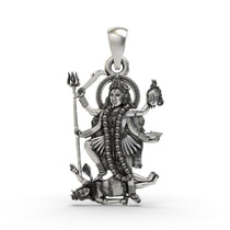 Front view of the oxidized 925 silver Kali Ma pendant showing her fierce expression and intricate details.