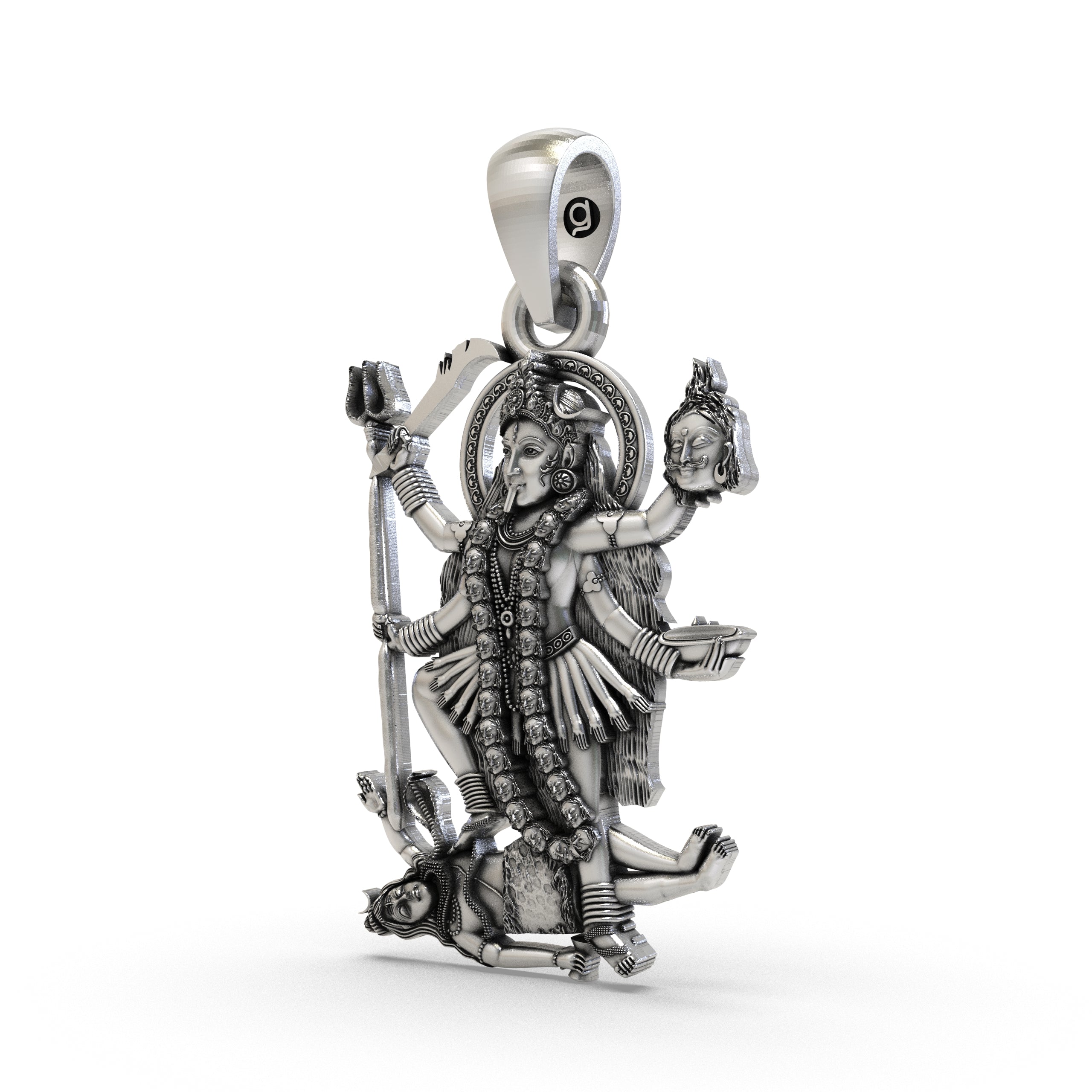 An angled view of the 925 silver Kali Ma locket, highlighting the depth and oxidized finish of the spiritual jewelry.