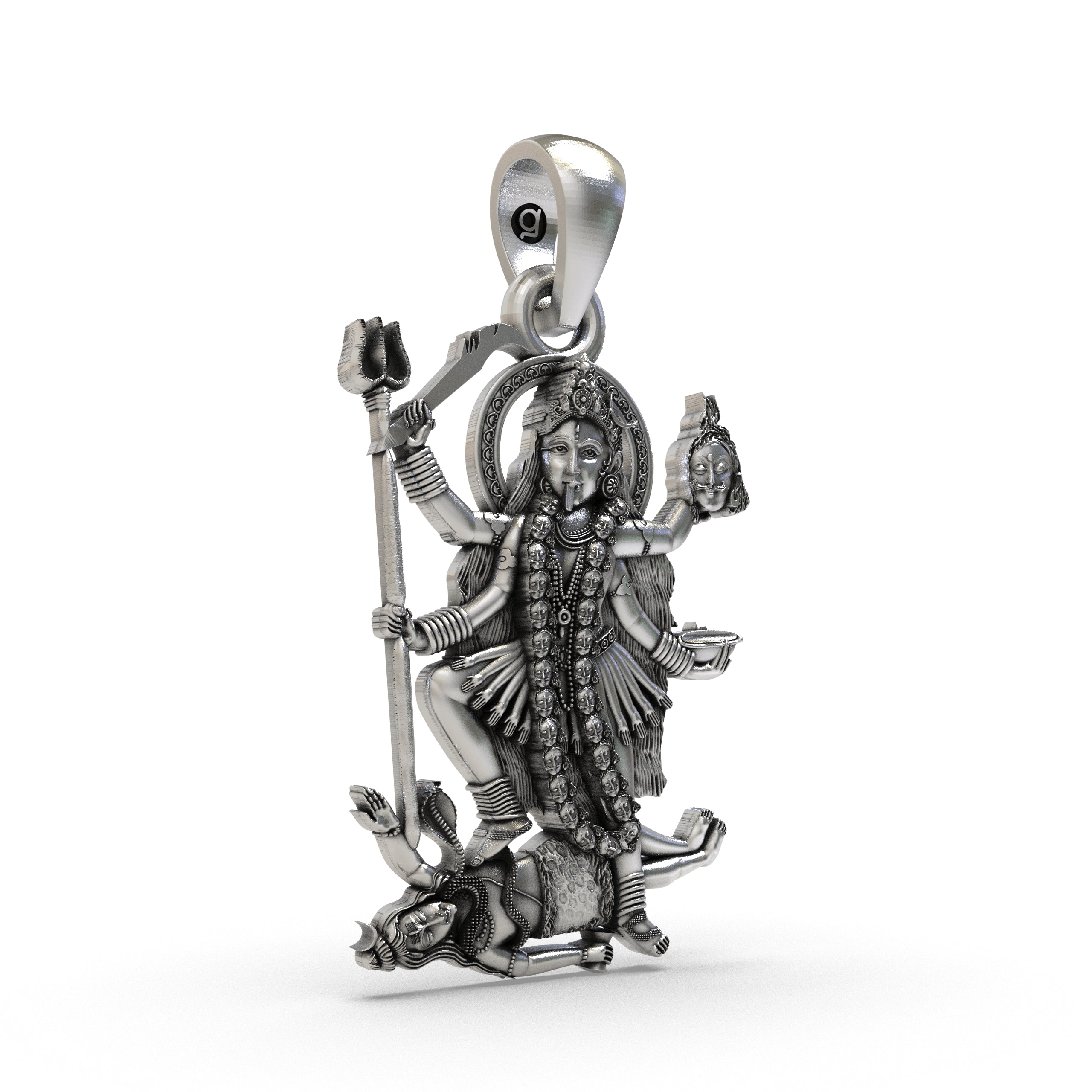 Close-up detail of the handcrafted 925 sterling silver Kali Ma pendant, focusing on the powerful facial features.