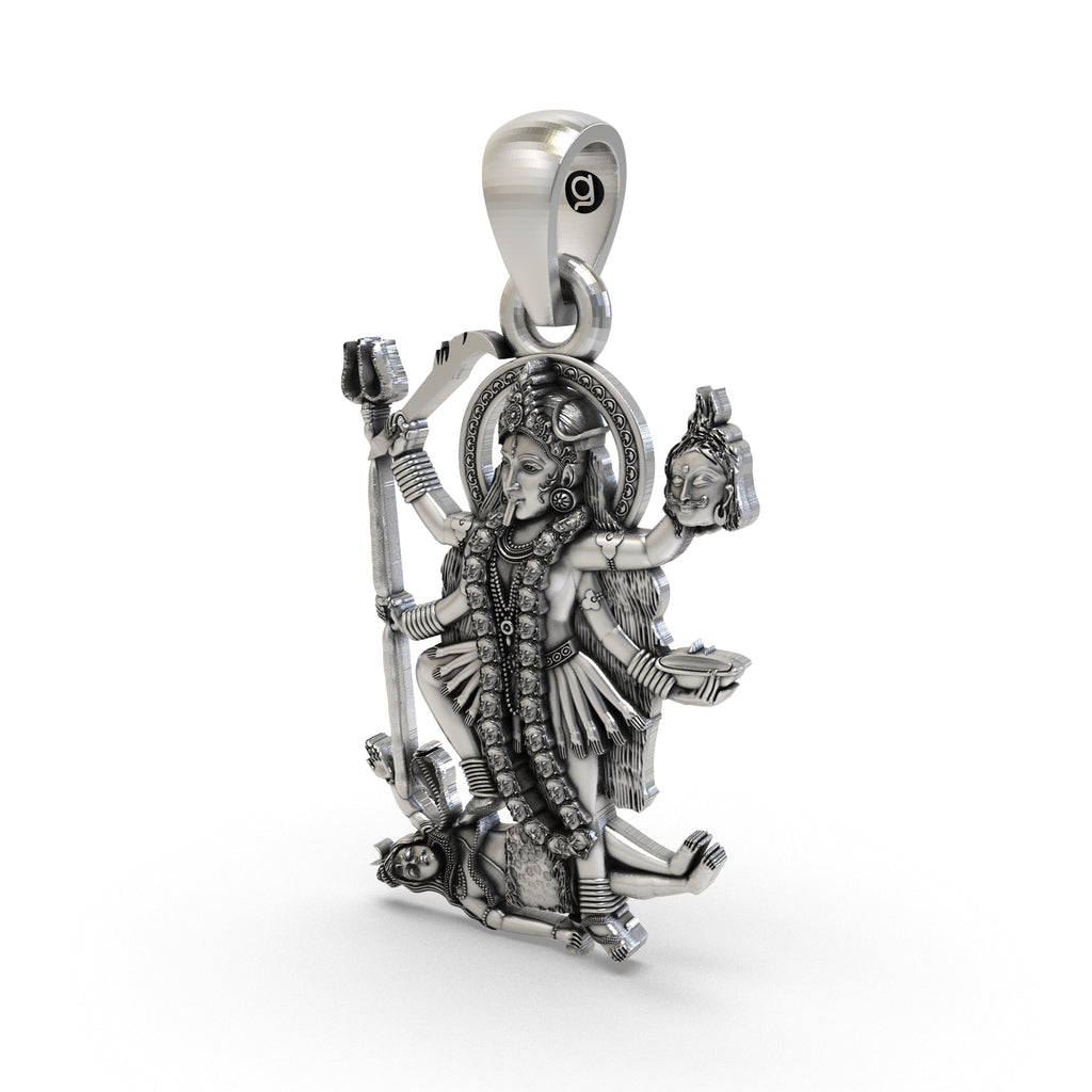 The lightweight hollow back design of the oxidized sterling silver Kali Ma pendant for comfortable daily wear.