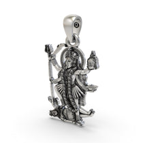 The lightweight hollow back design of the oxidized sterling silver Kali Ma pendant for comfortable daily wear.